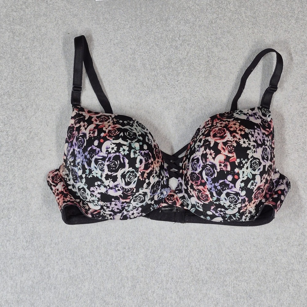 Torrid Curve Women Bra 40DD Black Floral Push Up Plunge Underwired